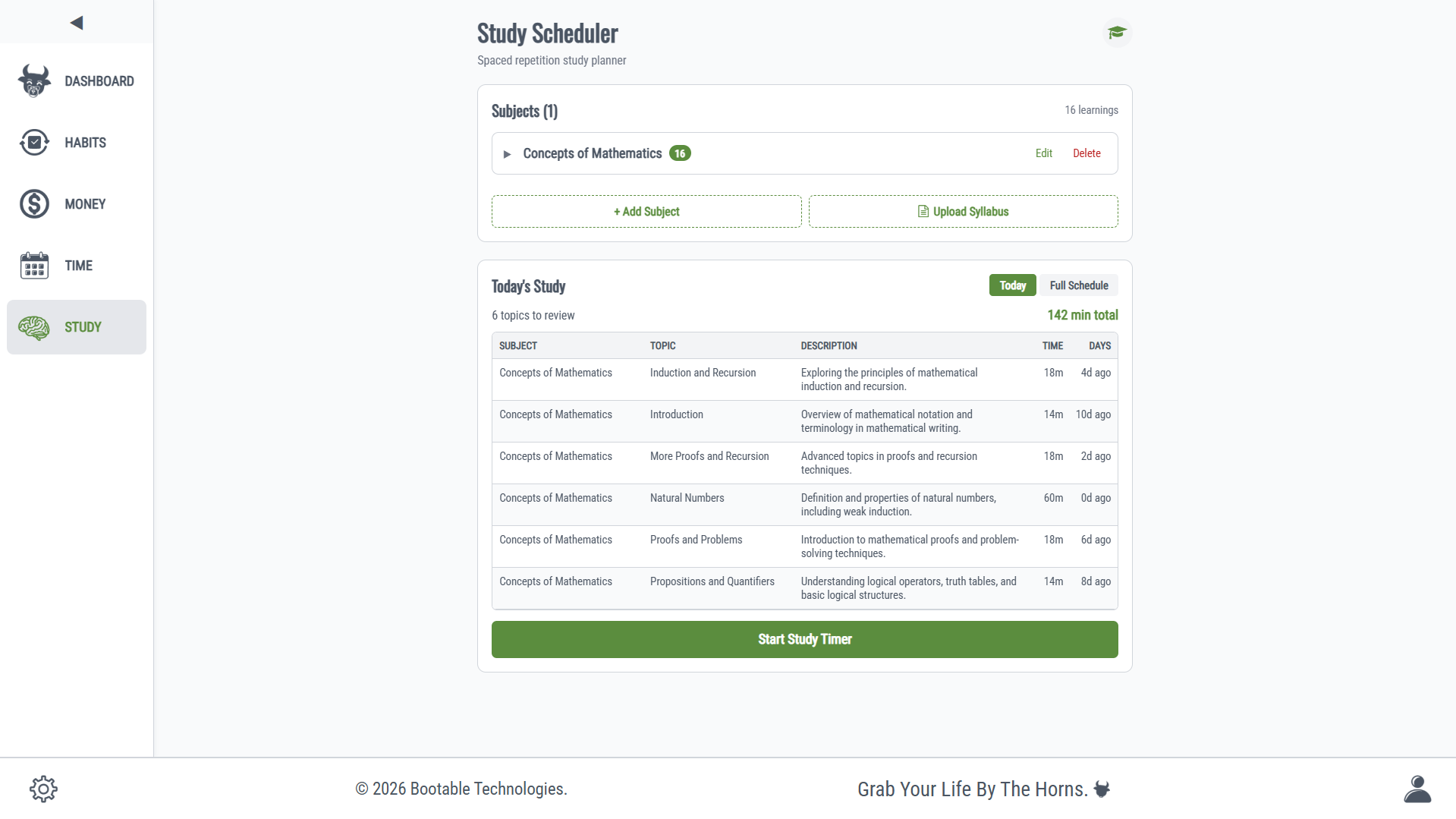 Bootable study scheduling