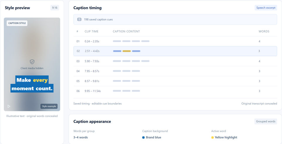 Detailed caption preview with a yellow active word on a blue background beside masked, timed caption groups.