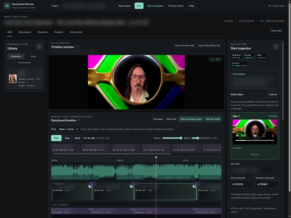 Storyboard Director editing workspace with a video monitor, timeline and editing panels; identifying text is intentionally blurred.