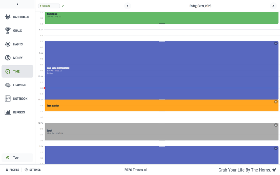 Tavros time view with color-coded blocks for a morning run, deep work, a team standup, and lunch.
